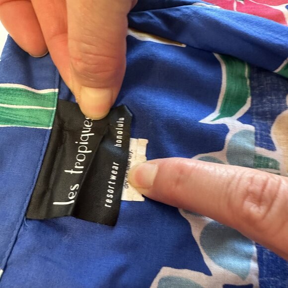 Vtg Mens Hawaiian Shirt Large Floral Blue Les Tropiques Cotton Resortwear - Picture 3 of 7